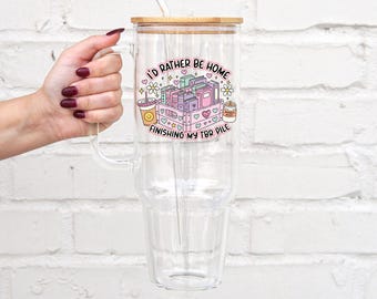 I'd Rather Be Home Reading Iced Coffee Glass Cup With Lid and Straw, 40 Glass Tumbler, Reader Gift, Book Lover, Book Club Gift for Her