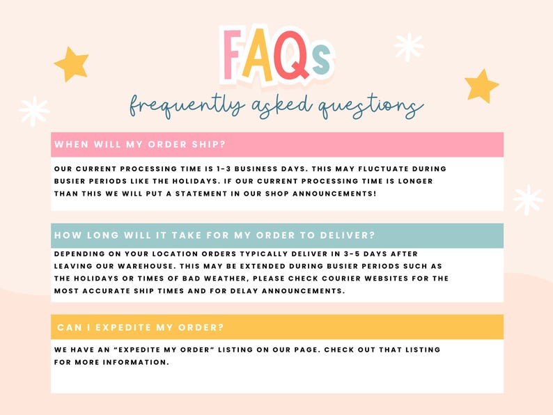 May include: A pink, blue, and yellow graphic with the text "FAQs" and "frequently asked questions". The graphic includes three sections with the following questions: "When will my order ship?", "How long will it take for my order to deliver?", and "Can I expedite my order?" Each section has a brief answer to the question.