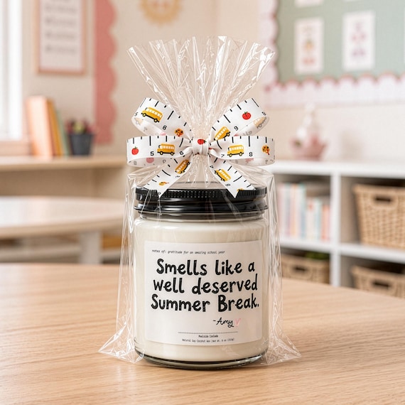 Summer Break Teacher Gift Candle Personalized, Poolside Colada Scented, Gift Wrapped End Of School Year Gift Candle, Ready To Gift