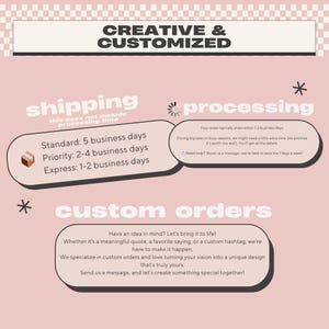 K&ouml;nnte beinhalten: Eine rosa-wei&szlig;e Grafik mit dem Text "CREATIVE & CUSTOMIZED". Sie enth&auml;lt Informationen zu Versand, Bearbeitung und Sonderanfertigungen. Die Versandzeiten sind mit 5, 2-4 und 1-2 Werktagen angegeben.