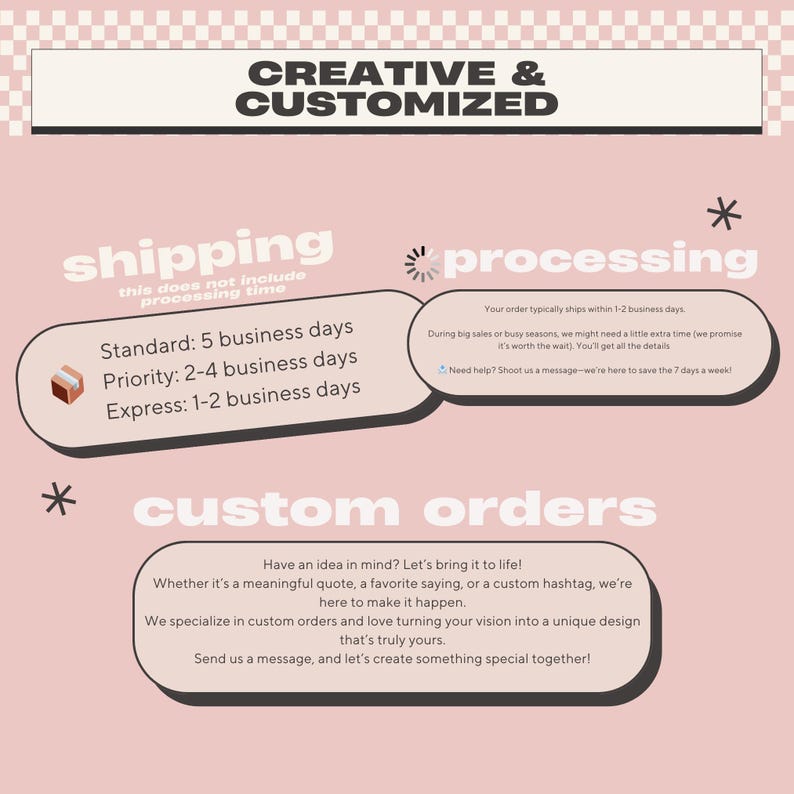 May include: A pink and white graphic with the text "CREATIVE & CUSTOMIZED". The graphic includes information about shipping, processing, and custom orders. The shipping times are listed as 5, 2-4, and 1-2 business days.