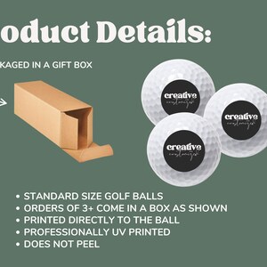 May include: Three white golf balls with dimpled surfaces, each featuring a circular black logo with the white text creative customized. A rectangular brown cardboard gift box is positioned to the left of the golf balls. The text Product Details is visible at the top, with additional bulleted text describing the items and packaging.