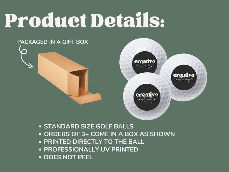May include: Three white golf balls with dimpled surfaces, each featuring a circular black logo with the white text creative customized. A rectangular brown cardboard gift box is positioned to the left of the golf balls. The text Product Details is visible at the top, with additional bulleted text describing the items and packaging.