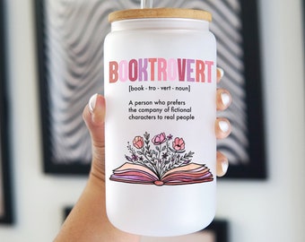 Booktrovert Iced Glass Cup With Lid and Straw, Floral Book 16oz Iced Coffee Glass, Book Lover Gift, Reader Gift, Book Club Gift for Her