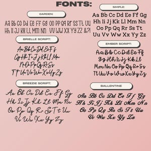 K&ouml;nnte beinhalten: Auf rosa Hintergrund werden verschiedene Schriftarten gezeigt, darunter Garden, Brielle Script, Breezie Script, Simple, Ember Script und Ballentine. Jede Schriftart wird mit dem Alphabet dargestellt, was als visuelle Anleitung f&uuml;r Designentscheidungen dient. Das Wort "FONTS:" steht oben.