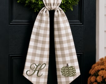 Pumpkin Gingham Personalized Gingham  Wreath Sash, Embroidered Fall Door Bow, Autumn Decor