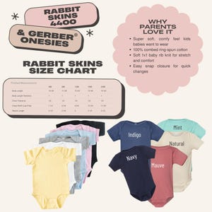May include: A selection of Rabbit Skins and Gerber onesies in various colors, including yellow, pink, and blue. The image includes a size chart and text that reads "Why Parents Love It".