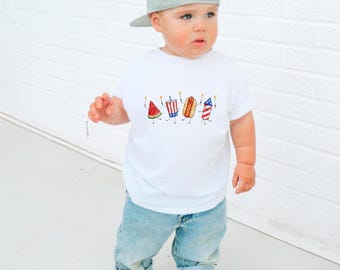 Patriotic Toddler Shirt, 4th of July Doodles Hot Dog Fireworks, Patriotic Baby Outfit, America's 250th Toddler Shirt, Independence Day