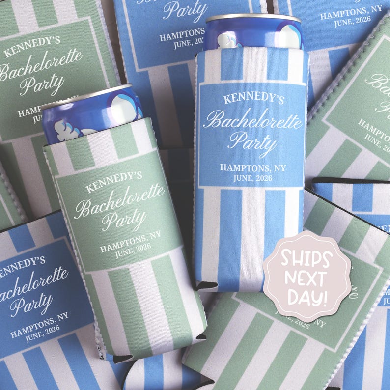 May include: Blue and white striped can coolers with the text "Kennedy's Bachelorette Party, Hamptons, NY, June, 2026." Several coolers are visible, some holding cans. The coolers have a light blue and white striped pattern.