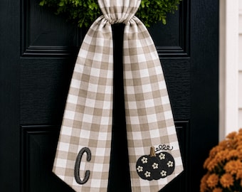 Personalized Embroidered Gingham Wreath Sash, Pumpkin Daisy Monogram, Fall Door Decor