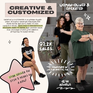 Creative & Customized team introduction with staff photos, describing the woman-owned business and its personalized home decor made in Lafayette, Louisiana.