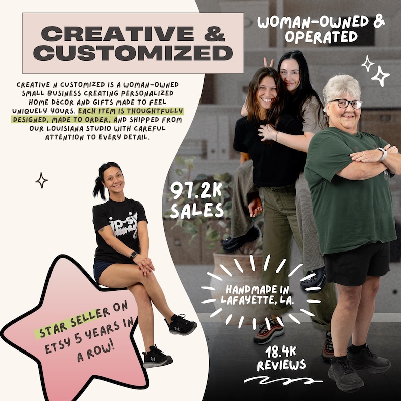 Creative & Customized team introduction with staff photos, describing the woman-owned business and its personalized home decor made in Lafayette, Louisiana.