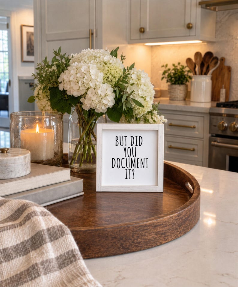 White-framed “But Did You Document It?” sign on a round wooden kitchen tray beside hydrangeas, books, a candle, and a checked cloth.