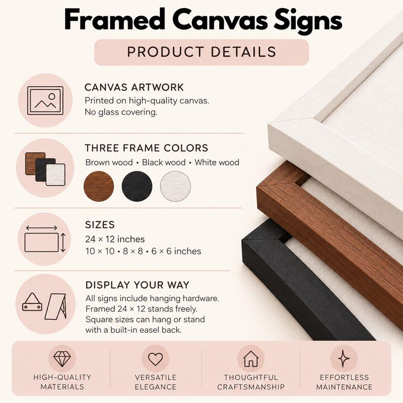 Framed canvas sign product details showing brown, black and white wood frames, canvas without glass, size options, hanging hardware and built-in easel backs for square signs. See listing options for available sizes.