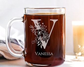 Mug personnalisé avec initiales florales, idées cadeaux d'anniversaire pour elle, mug prénom personnalisé