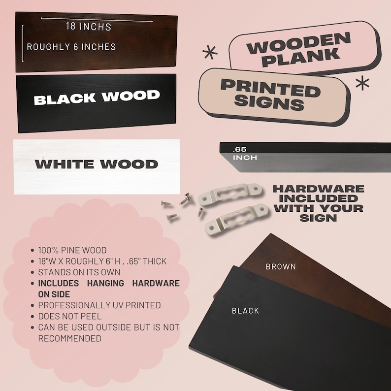Wooden plank sign guide showing 18-by-6-inch pine planks in brown, black, and white, a side profile, and the included hanging hardware.