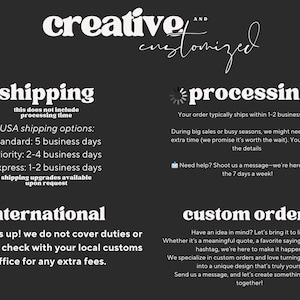 May include: A black informational graphic with white text titled creative and customised. It outlines shipping options, processing times, international duty policies, and custom order inquiries with icons for shipping, loading, and lightbulbs.