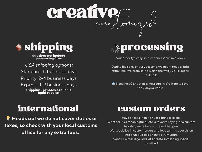 Shop information card covering shipping, processing, international orders, and custom orders. Refer to the listing’s current delivery estimate for timing.