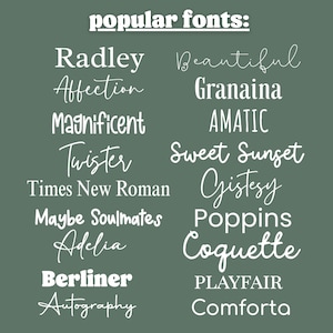 Green font chart for custom sign lettering, showing serif, script, and block styles including Radley, Beautiful, Amatic, Poppins, Playfair, and Times New Roman.