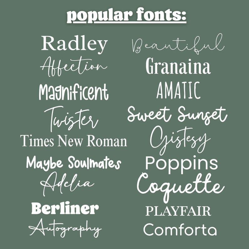 Green font chart for custom sign lettering, showing serif, script, and block styles including Radley, Beautiful, Amatic, Poppins, Playfair, and Times New Roman.