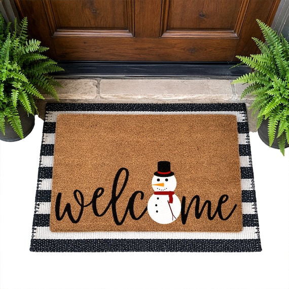 Snowman Doormat, Winter Doormat, Christmas Doormat, Patio Decor, Holiday Door Mat, Snowflake Door Decor, Doormat for Front Porch, Coir Mat