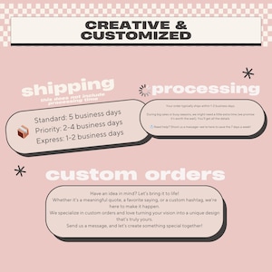 Może przedstawiać: Jasnor&oacute;żowa grafika informacyjna z obramowaniem w kratkę, zawierająca u g&oacute;ry napis CREATIVE & CUSTOMIZED. Poniżej znajdują się trzy zaokrąglone prostokątne pola z tekstem dotyczącym wysyłki, przetwarzania i zam&oacute;wień niestandardowych ciemnobrązową czcionką.