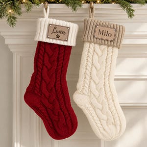 Personalized Dog or Cat Christmas Stocking, Cable Knit with Engraved Name Patch