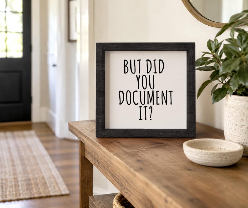 Black-framed documentation quote sign displayed on a wooden console beside a potted plant and shallow bowl.