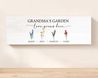 Plaque personnalisée de planche de jardin de grand-mère, noms de fleurs de naissance, cadeau de ferme rustique