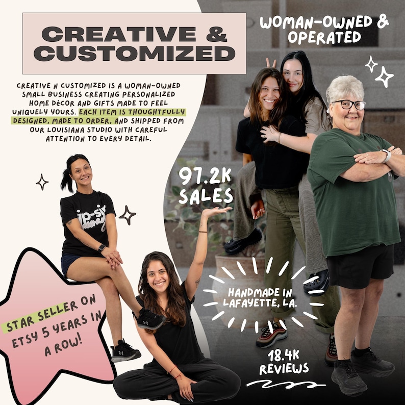 May include: A promotional graphic for Creative N Customized featuring four individuals. Text includes Creative & Customized, Woman-Owned & Operated, 97.2K Sales, Handmade in Lafayette, LA, 18.4K Reviews, and Star Seller on Etsy 5 years in a row.