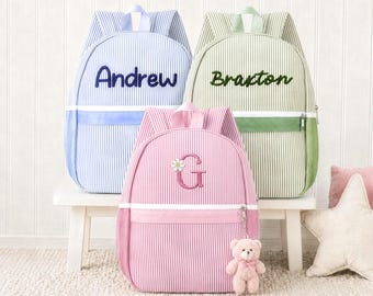 Personalized Seersucker Toddler Backpack, Embroidered Preschool Book Bag, Daycare Bag for Kids - NEW 2026