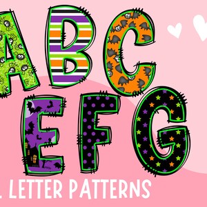 May include: A set of colorful alphabet letters with Halloween-themed patterns. The letters are A, B, C, E, F, and G. Each letter has a different pattern, including spiders, bats, polka dots, and stars.
