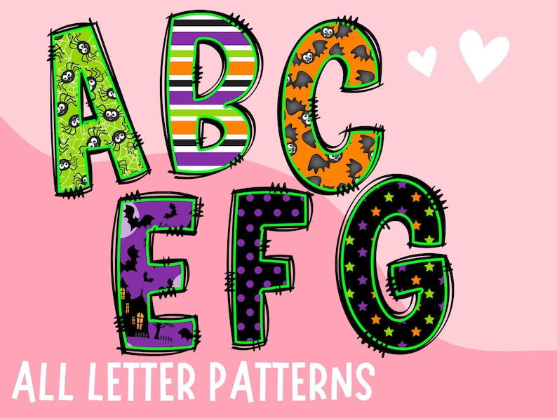 May include: A set of colorful alphabet letters with Halloween-themed patterns. The letters are A, B, C, E, F, and G. Each letter has a different pattern, including spiders, bats, polka dots, and stars.