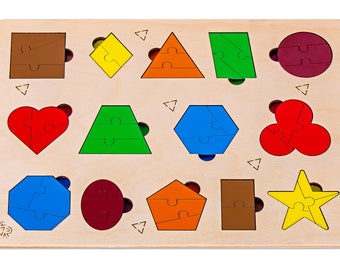 Wooden geometric shapes puzzle for kids - 14 piece education puzzle - Montessori puzzle