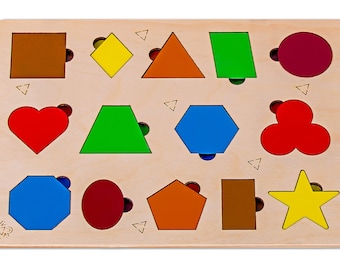 Wooden geometric shapes puzzle for kids - 14 piece education puzzle - Montessori puzzle