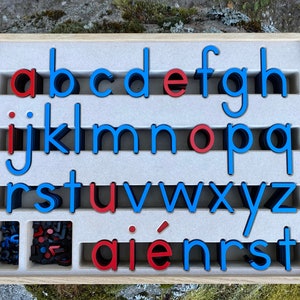 Movable Alphabet. French. Montessori method of education. Small letters. Alphabet Français.