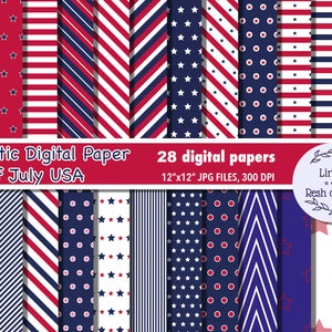 28 Patriotic Digital Paper Pack: Red White and Blue, 4th of July Digital Paper, Stars and Stripes, Commercial Use USA Seamless Pattern