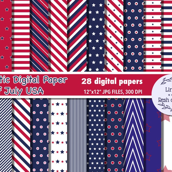 28 Patriotic Digital Paper Pack: Red White and Blue, 4th of July Digital Paper, Stars and Stripes, Commercial Use USA Seamless Pattern