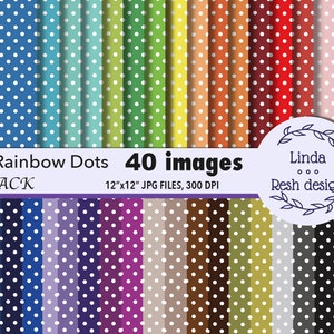 Puede incluir: Un conjunto de 40 diseños de papel digital con un arcoíris de colores con lunares blancos. Cada diseño mide 30,5 cm x 30,5 cm y tiene una resolución de 300 DPI.
