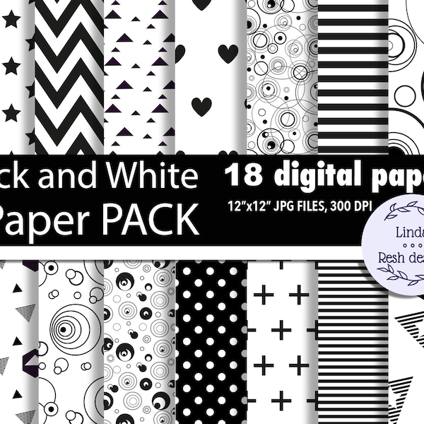 Black & White Digital paper, Seamless, Polka dot, Chevron, Stripes Digital paper,Instant download