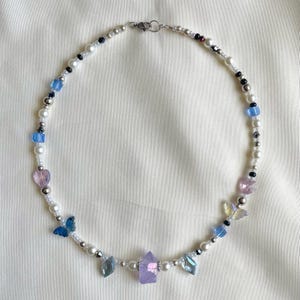 Crystal Pearl Beaded Necklace, 15 inch Handmade Butterfly Heart Necklace, Y2K Ethereal Grunge Fairycore Boho Jewelry | “Fairy Rock” Necklace
