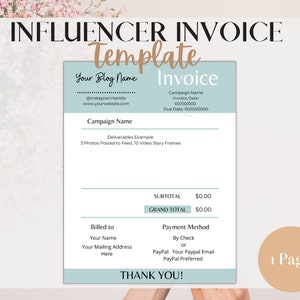 Influencer Invoice Template -Printable Invoice -Instant Download Invoice Template - Blogger- Social Media -Printable- Canva- Brand Deals
