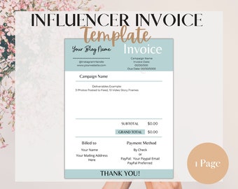 Influencer Invoice Template -Printable Invoice -Instant Download Invoice Template - Blogger- Social Media -Printable- Canva- Brand Deals