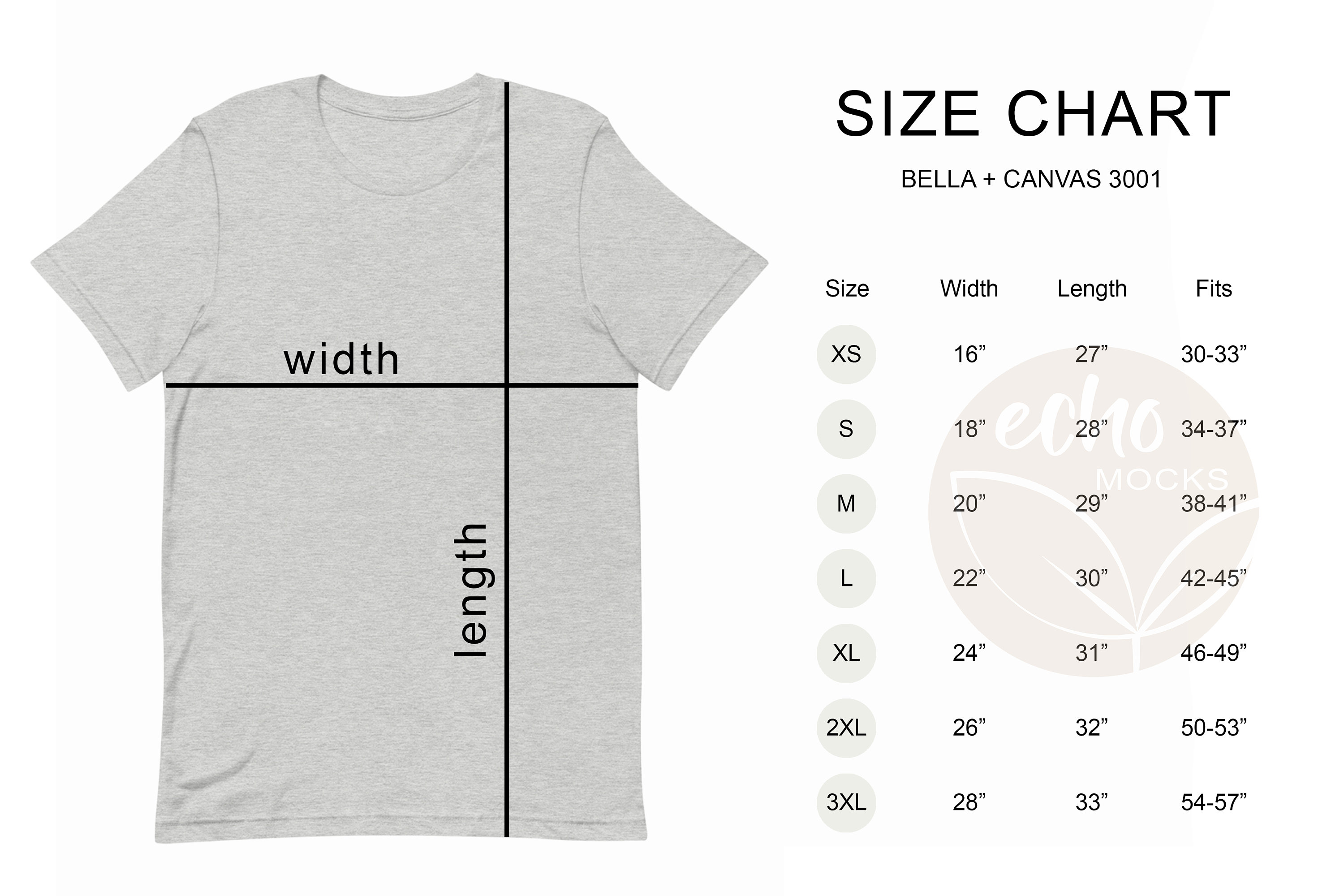Bella Canvas 3001 XS-3XL Size Chart Minimal Light Modern | Etsy