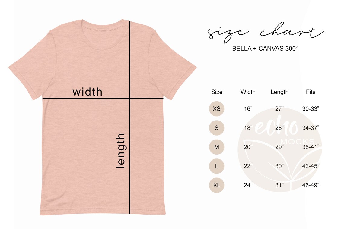 Bella Canvas 3001 XS-XL Size Chart Minimal Light Modern | Etsy