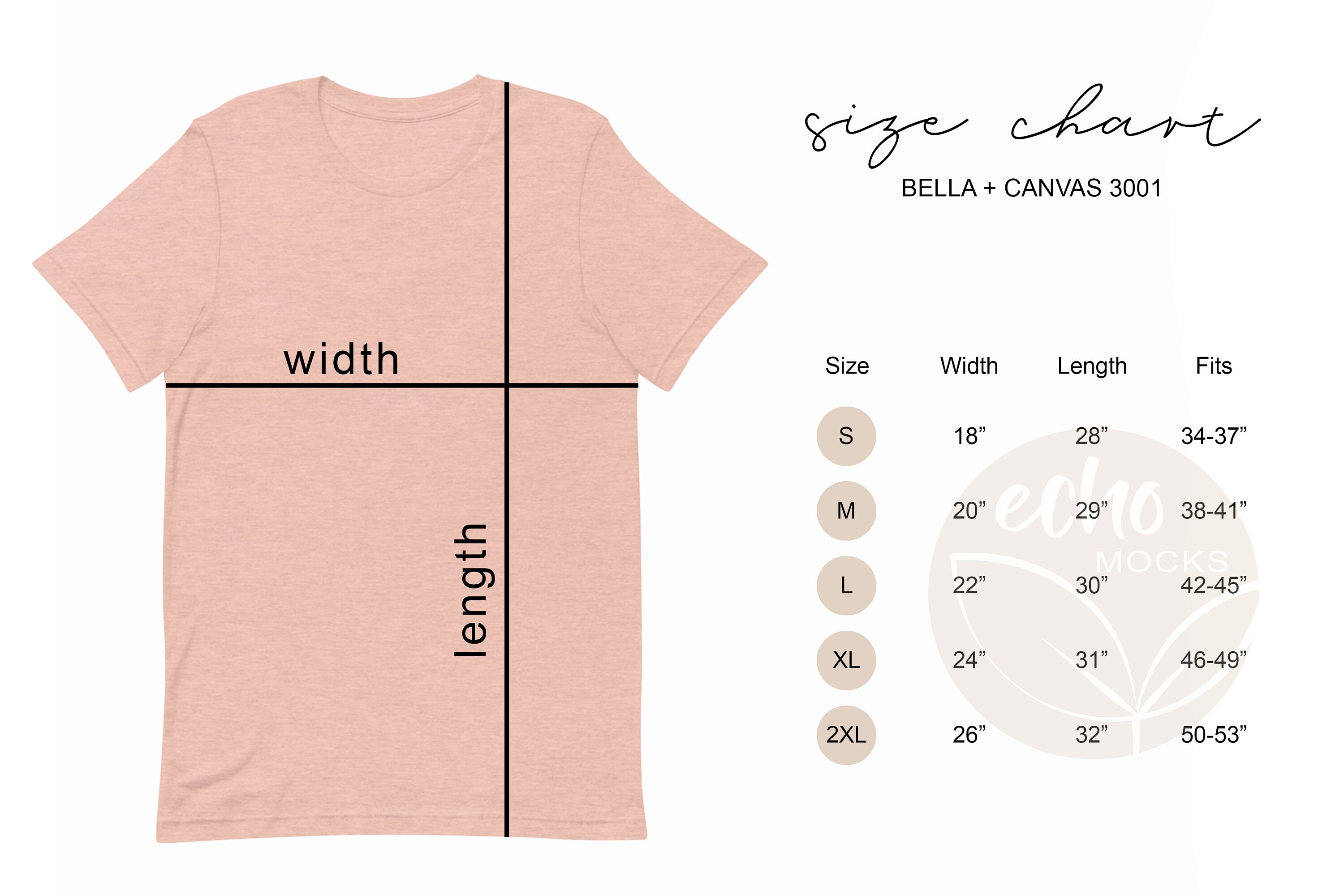 Bella Canvas 3001 S2XL Size Chart Minimal Light Modern Etsy