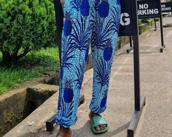 Women's Trousers in Blue Pineapple Print Cotton | Casual Pants | African Trousers | Pyjama style pants