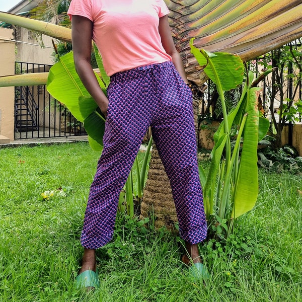 Women's Casual Trousers in Pink and Blue 'Fishscale' Printed Ankara Cotton