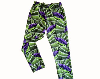 African Trousers in Green and Purple Leaf Design