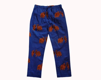 Men's African Waxprint Cotton Trousers in Blue and Orange Cotton